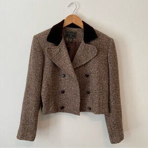 Vtg Tweed Blazer XS Express Wool Cropped Brown Velvet Collar
